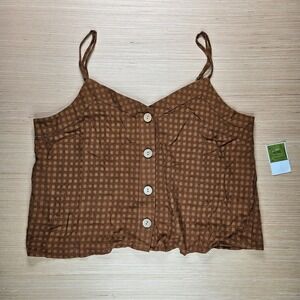 Indigo Rising‎ Womens XL Brown Gingham Button Front Crop Tank Peasant Top NEW